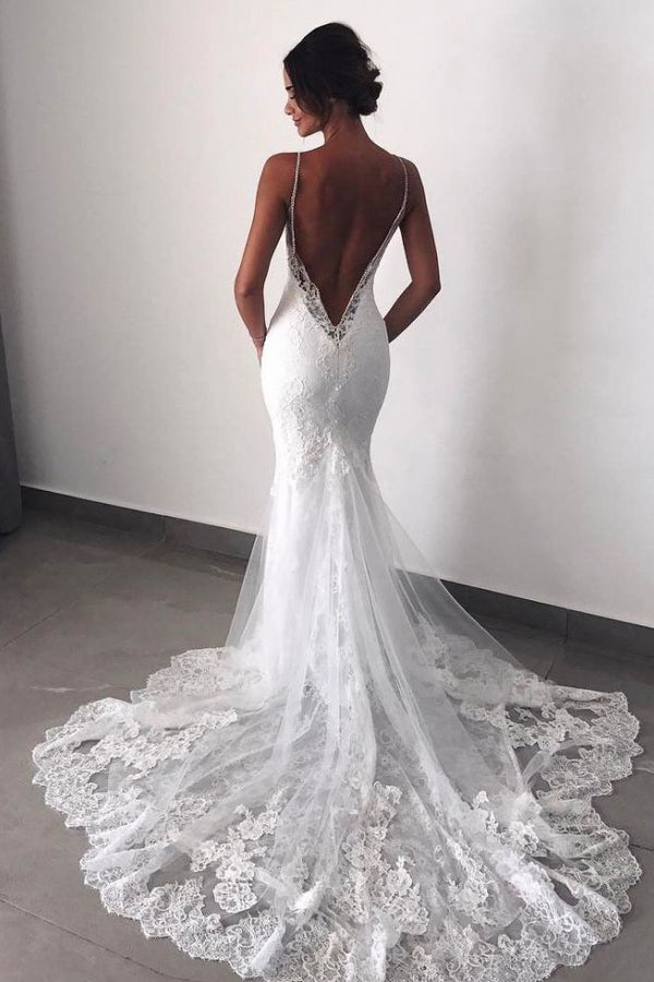 Backless Wedding Dresses Lace Mermaid Modern Spaghetti Straps Bride Dress Backless Wedding Dresses Lace Mermaid Modern Spaghetti Straps Bride Dress
