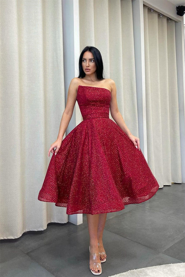 Ball Gown Asymmetrical Strapless Sequined Tea-length Sleeveless Open Back Elegant Homecoming Dress-Ballbella