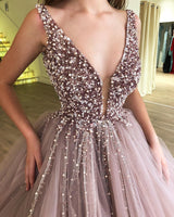 Ball Gown Deep V-neck Wide Strap Floor Length Tulle Beaded Prom Dress-Ballbella