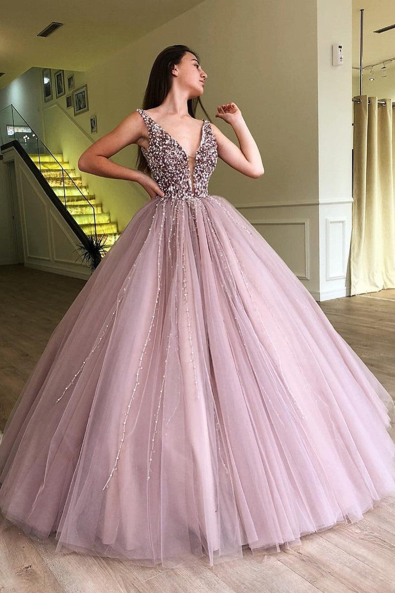 Ball Gown Deep V-neck Wide Strap Floor Length Tulle Beaded Prom Dress Ball Gown Deep V-neck Wide Strap Floor Length Tulle Beaded Prom Dress