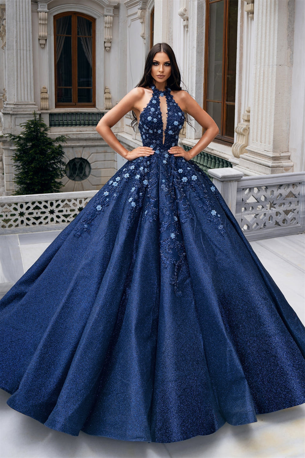 fitted lace wedding dress Ball Gown Halter Floor-Length Sleeveless Applique Prom Dress