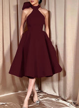 Ball-Gown Halter Sleeveless Satin(Non-Stretch) Homecoming Dresses With Bow(s)-Ballbella