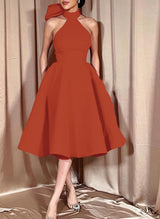 Ball-Gown Halter Sleeveless Satin(Non-Stretch) Homecoming Dresses With Bow(s)-Ballbella