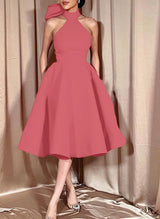 Ball-Gown Halter Sleeveless Satin(Non-Stretch) Homecoming Dresses With Bow(s)-Ballbella
