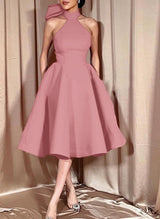 Ball-Gown Halter Sleeveless Satin(Non-Stretch) Homecoming Dresses With Bow(s)-Ballbella