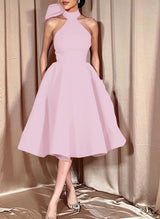 Ball-Gown Halter Sleeveless Satin(Non-Stretch) Homecoming Dresses With Bow(s)-Ballbella