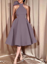 Ball-Gown Halter Sleeveless Satin(Non-Stretch) Homecoming Dresses With Bow(s)-Ballbella