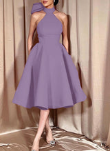 Ball-Gown Halter Sleeveless Satin(Non-Stretch) Homecoming Dresses With Bow(s)-Ballbella