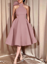 Ball-Gown Halter Sleeveless Satin(Non-Stretch) Homecoming Dresses With Bow(s)-Ballbella