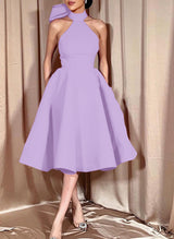 Ball-Gown Halter Sleeveless Satin(Non-Stretch) Homecoming Dresses With Bow(s)-Ballbella