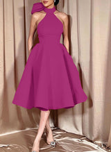 Ball-Gown Halter Sleeveless Satin(Non-Stretch) Homecoming Dresses With Bow(s)-Ballbella