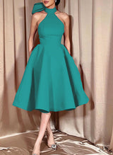 Ball-Gown Halter Sleeveless Satin(Non-Stretch) Homecoming Dresses With Bow(s)-Ballbella