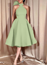 Ball-Gown Halter Sleeveless Satin(Non-Stretch) Homecoming Dresses With Bow(s)-Ballbella