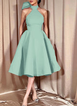Ball-Gown Halter Sleeveless Satin(Non-Stretch) Homecoming Dresses With Bow(s)-Ballbella