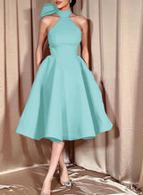 Ball-Gown Halter Sleeveless Satin(Non-Stretch) Homecoming Dresses With Bow(s)-Ballbella