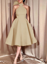 Ball-Gown Halter Sleeveless Satin(Non-Stretch) Homecoming Dresses With Bow(s)-Ballbella