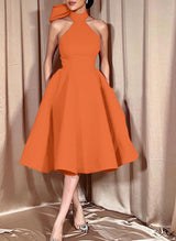Ball-Gown Halter Sleeveless Satin(Non-Stretch) Homecoming Dresses With Bow(s)-Ballbella
