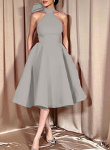 Ball-Gown Halter Sleeveless Satin(Non-Stretch) Homecoming Dresses With Bow(s)-Ballbella