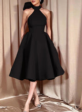 Ball-Gown Halter Sleeveless Satin(Non-Stretch) Homecoming Dresses With Bow(s)-Ballbella
