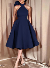 Ball-Gown Halter Sleeveless Satin(Non-Stretch) Homecoming Dresses With Bow(s)-Ballbella