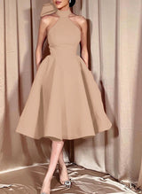Ball-Gown Halter Sleeveless Satin(Non-Stretch) Homecoming Dresses With Bow(s)-Ballbella