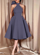 Ball-Gown Halter Sleeveless Satin(Non-Stretch) Homecoming Dresses With Bow(s)-Ballbella