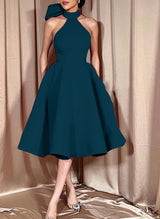 Ball-Gown Halter Sleeveless Satin(Non-Stretch) Homecoming Dresses With Bow(s)-Ballbella