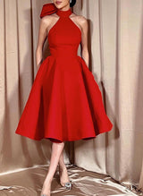 Ball-Gown Halter Sleeveless Satin(Non-Stretch) Homecoming Dresses With Bow(s)-Ballbella