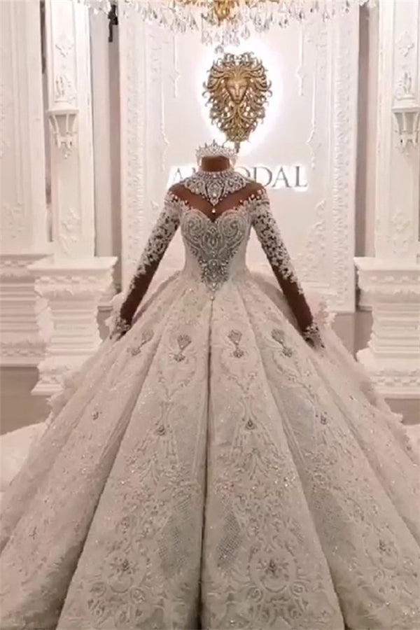 Ball Gown High neck Luxurious Train Long Sleevess Sparkle Applique Satin Wedding Dresses-Ballbella