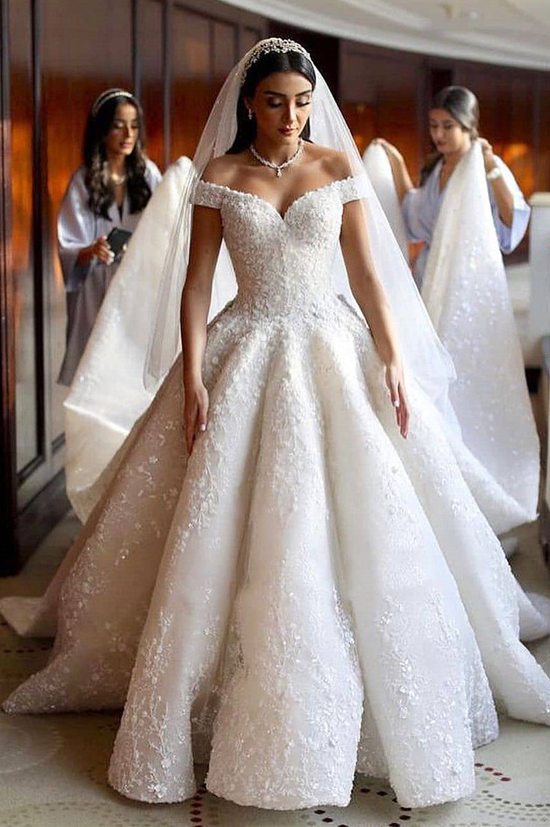 Ball Gown Off-the-shoulder Floor Length Applique Wedding Dress-Ballbella