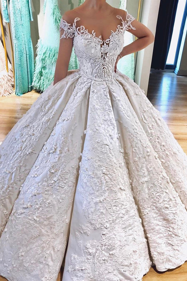 Ball Gown Off-the-shoulder Floor Length Charmeuse Applique Wedding Dress-Ballbella