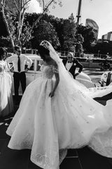 Ball Gown Off-the-shoulder Floor Length Tulle Applique Wedding Dress-Ballbella