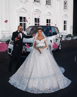 Ball Gown Off-the-shoulder Floor Length Tulle Lace Applique Crochet Flower Wedding Dress-Ballbella