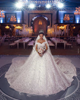 Ball Gown Off-the-shoulder Floor Length Tulle Lace Applique Crochet Flower Wedding Dress-Ballbella