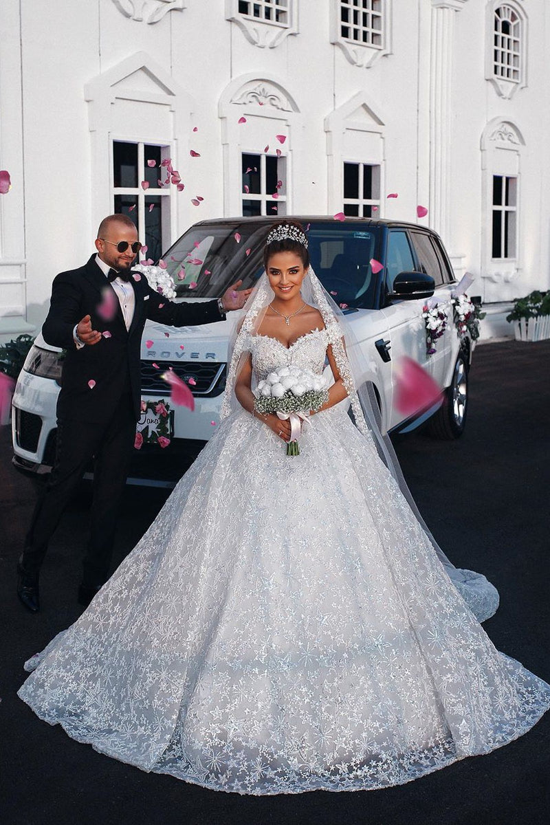 Ball Gown Off-the-shoulder Floor Length Tulle Lace Applique Crochet Flower Wedding Dress Ball Gown Off-the-shoulder Floor Length Tulle Lace Applique Crochet Flower Wedding Dress