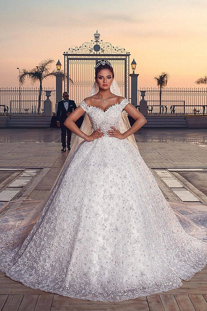 Ball Gown Off-the-shoulder Floor Length Tulle Lace Applique Crochet Flower Wedding Dress Ball Gown Off-the-shoulder Floor Length Tulle Lace Applique Crochet Flower Wedding Dress