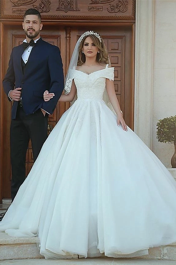 Ball Gown Off-the-shoulder Floor Length Tulle Lace Applique Wedding Dress-Ballbella