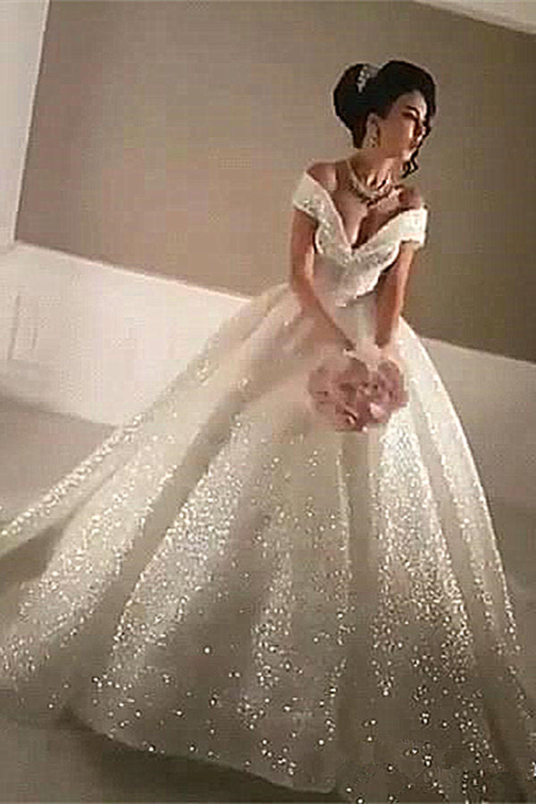 Ball Gown Off-the-Shoulder Sequined Floor-length Sleeveless Wedding Dress-Ballbella