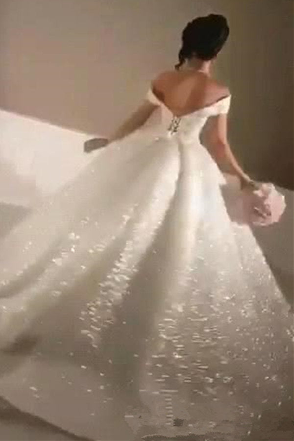Ball Gown Off-the-Shoulder Sequined Floor-length Sleeveless Wedding Dress-Ballbella
