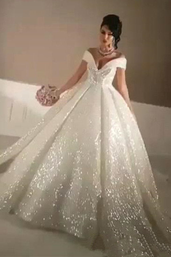 Ball Gown Off-the-Shoulder Sequined Floor-length Sleeveless Wedding Dress-Ballbella