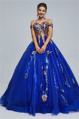 Ball Gown Off-the-shoulder Sweetheart Tulle Applique Floor-length Backless Prom Dress-Ballbella