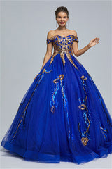 Ball Gown Off-the-shoulder Sweetheart Tulle Applique Floor-length Backless Prom Dress-Ballbella
