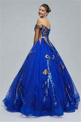 Ball Gown Off-the-shoulder Sweetheart Tulle Applique Floor-length Backless Prom Dress-Ballbella