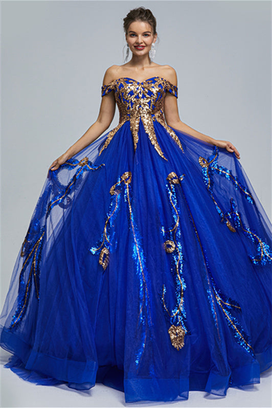 Ball Gown Off-the-shoulder Sweetheart Tulle Applique Floor-length Backless Prom Dress-Ballbella