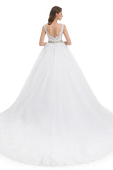 Ball Gown Round Sequined Floor-length Sleeveless Open Back Appliques Lace Wedding Dress-Ballbella