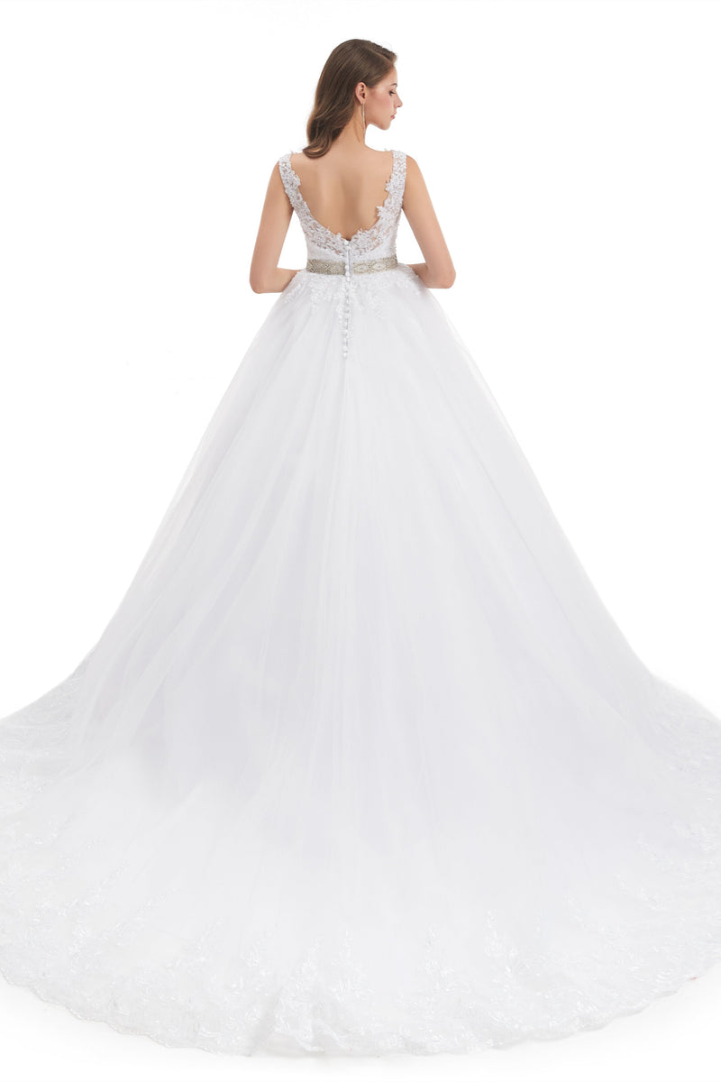 Ball Gown Round Sequined Floor-length Sleeveless Open Back Appliques Lace Wedding Dress-Ballbella
