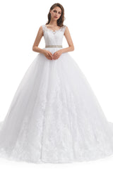 Ball Gown Round Sequined Floor-length Sleeveless Open Back Appliques Lace Wedding Dress-Ballbella