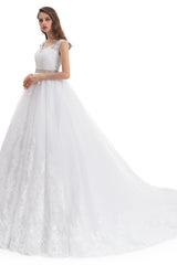 Ball Gown Round Sequined Floor-length Sleeveless Open Back Appliques Lace Wedding Dress-Ballbella
