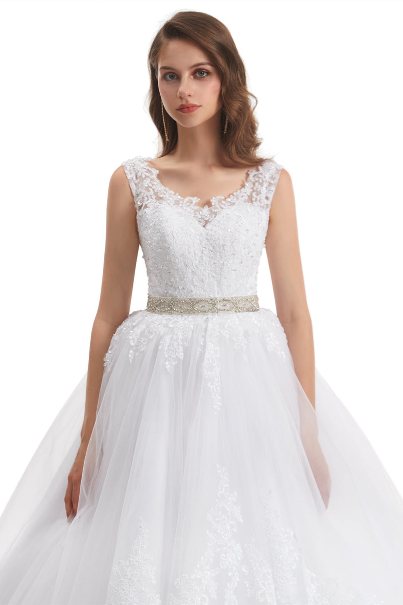 Ball Gown Round Sequined Floor-length Sleeveless Open Back Appliques Lace Wedding Dress-Ballbella