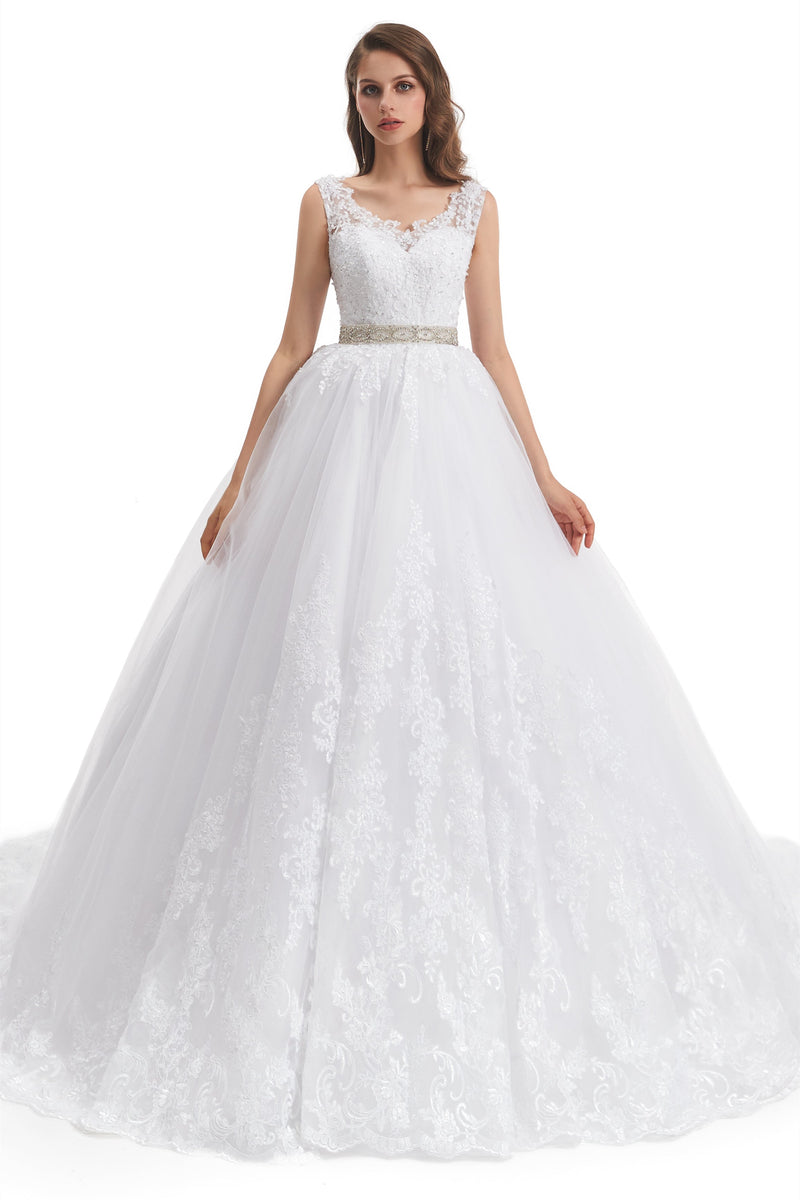 Ball Gown Round Sequined Floor-length Sleeveless Open Back Appliques Lace Wedding Dress-Ballbella